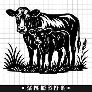 May include: Black and white illustration of a cow and calf standing in grass. The cow is larger and stands behind the calf. The image is a vector graphic, suitable for various applications.