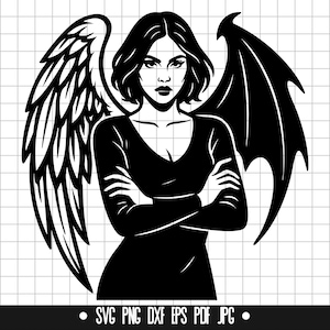 Medio ángel, mitad demonio SVG, Ángel oscuro DXF, Fantasía PNG, Archivo de corte de ángel, Clipart, Archivo digital, Archivo SVG, Silueta, Descarga instantánea