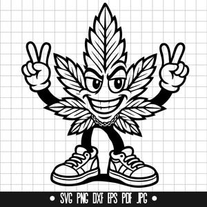 Peut inclure: Illustration de dessin animé en noir et blanc d'une feuille de cannabis avec un visage souriant, des bras faisant des signes de paix et portant des baskets. L'image comprend le texte "SVG PNG DXF EPS PDF JPG".