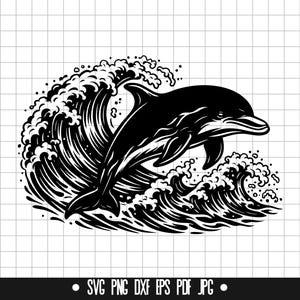 Dolfijn met golven SVG, dolfijn DXF, dolfijn PNG, Ocean Cut-bestand, Clipart, Svg-bestand, Sea Life Design, silhouet, Instant Download