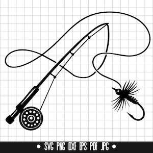 May include: Black and white illustration of a fishing rod with a reel and a fly. The fishing rod is curved, with the line extending to a detailed fly. The image is set against a grid background.