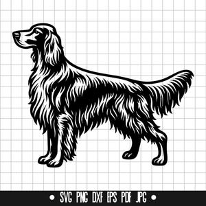 May include: Black and white silhouette of a setter dog standing with its head turned to the side.