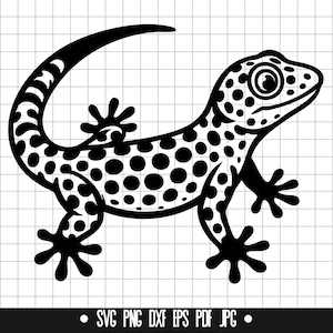 Può includere: Illustrazione in bianco e nero di un geco con un motivo a pois. Il geco è rivolto a destra e ha la coda arrotolata.