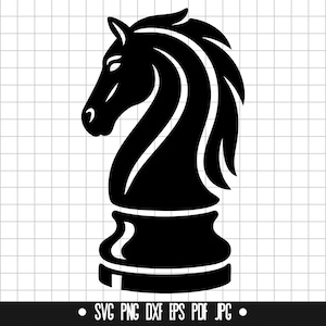 May include: Black silhouette of a chess knight piece. The knight is facing left and has a horse's head and mane.