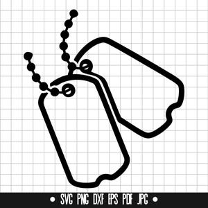 May include: Black and white line art illustration of two dog tags on a chain. The dog tags are blank and have a rounded rectangular shape.