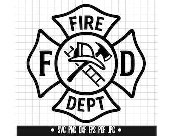 May include: Black and white illustration of a fire department badge. The badge is a cross with the words "FIRE DEPT" in the center. The cross is surrounded by the letters "F" and "D".