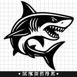 Pode incluir: Gráfico a preto e branco de um tubarão com a boca aberta e dentes afiados. O tubarão é retratado em perfil, com barbatanas e uma cauda curva. Formatos de arquivo: SVG, PNG, DXF, EPS, PDF e JPG.