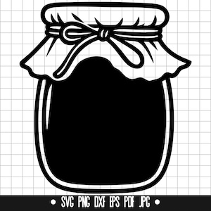 May include: Black and white silhouette of a glass jar with a cloth lid tied with a ribbon. The jar is empty and ready to be filled.