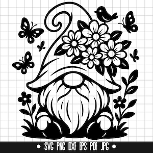 May include: Black and white illustration of a garden gnome with a long beard, wearing a pointed hat, and surrounded by flowers, butterflies, and a bird. The bottom of the image includes file type options.