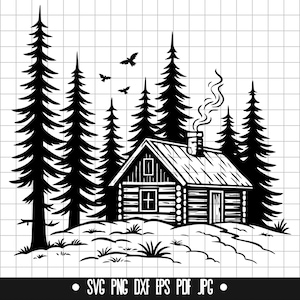 Cabina SVG, casa nella foresta PNG, pino DXF, file di taglio rustico, clipart del bosco, casa di tronchi SVG