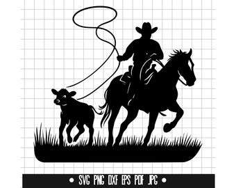 Vaquero lazando SVG, Vaquero DXF, Vaquero PNG, Archivo de corte de vaquero, Clipart, Archivo digital, Archivo SVG, Silueta, Descarga instantánea