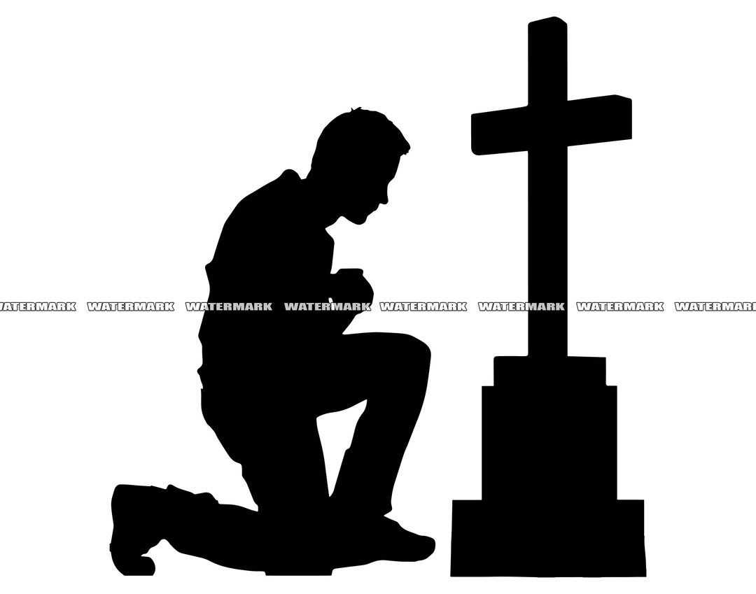 Man Kneeling Praying at Memorial Cross SVG, Man Kneeling Praying at