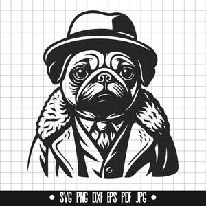 Pug Dog SVG, Gentleman Dog DXF, Pug PNG, Dog Cut File, Clipart, Digital File, Svg File, Silhouette, Instant Download