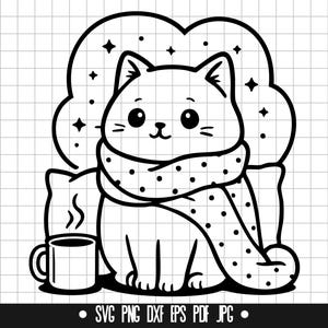 居心地の良い猫のSVG、スカーフを巻いた猫のDXF、ホットココアの猫のPNG、クリップアート、デジタルファイル、シルエット、即時ダウンロード