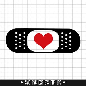 May include: A black and white band-aid with a red heart in the center. The band-aid has a dotted pattern.
