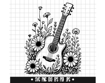 Guitarra floral SVG, guitarra con flores DXF, música PNG, clipart, archivo de corte, archivo SVG, silueta, descarga instantánea