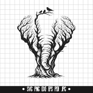 Puede incluir: Silueta en blanco y negro de un árbol cuyas ramas forman la forma de la cabeza de un elefante. Tres pájaros pequeños están posados en las ramas.