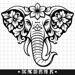 May include: A monochrome graphic of an elephant's head, decorated with floral designs. The elephant's ears and head feature intricate floral patterns. The image includes the text "SVG PNG DXF EPS PDF JPG" at the bottom.