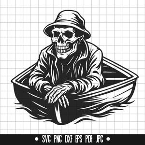 Scheletro pescatore SVG, Teschio DXF, Barca PNG, File di taglio pesca, Clipart, File digitale, File SVG, Silhouette, Download istantaneo
