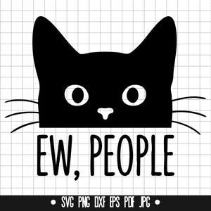 May include: A black cat face graphic with the text "EW, PEOPLE" in a bold, sans-serif font. The cat has large, round eyes and whiskers. The design is on a white background with a subtle grid pattern.