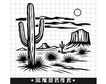 Desert Landscape SVG, Cactus Sunset PNG, Western Desert DXF Cut File, Nature Scene Svg, Cactus Clipart, Instant Download
