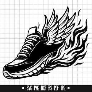 May include: Black and white illustration of a sneaker with wings and flames. The sneaker is on fire and has wings coming out of the back.