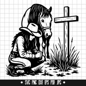 May include: A black and white illustration of a woman in a cowboy hat kneeling beside a horse with a wooden cross behind them. The woman is holding her hands together in prayer.