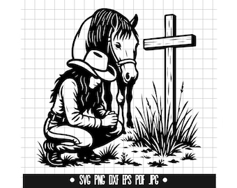 Cowgirl Praying SVG, Horse and Cross DXF, Western PNG, Cut File, Clipart, Svg File, Silhouette, Digital File, Instant Download