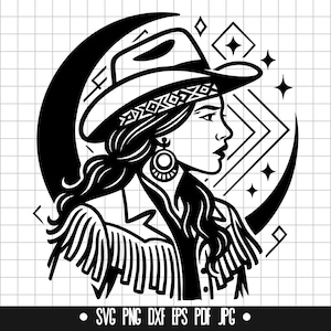 Cowgirl maan SVG, Western Woman DXF, Sterrennacht PNG, Cowgirl gesneden bestand, Svg-bestand, Clipart, Instant Download