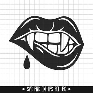 May include: Black and white illustration of a vampire's mouth with fangs and a single drop of blood dripping from the bottom lip.