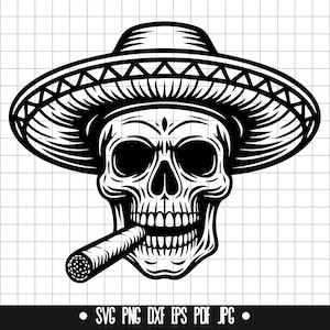 May include: Black and white illustration of a skull wearing a sombrero and smoking a cigar. The skull has a detailed design with a prominent nose and teeth.