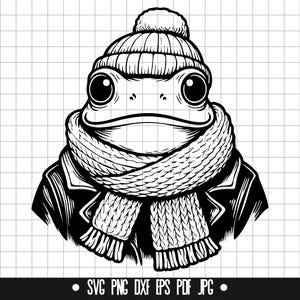 カエルの冬SVG、居心地の良いカエルDXF、カエルPNG、寒い天候のカットファイル、クリップアート、デジタルファイル、SVGファイル、シルエット、即時ダウンロード