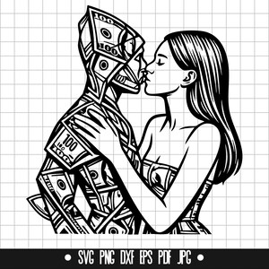 Mujer besando a un hombre con dinero SVG, Mujer besando a un hombre con dinero DXF, Mujer besando a un hombre con dinero PNG, Clipart, Archivo digital, Archivo SVG, Silueta, Descarga instantánea