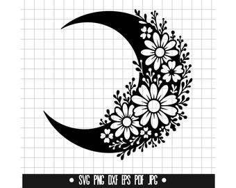 May include: Black and white silhouette of a crescent moon with a floral design. The moon is outlined in black and the flowers are white.