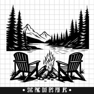 Sillas para fogatas SVG, Lago de montaña DXF, Escena al aire libre PNG, Archivo de corte de naturaleza, Clipart de bosque, Descarga digital