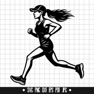 女性ランナー SVG、女性 DXF、ランニング PNG、ジョギング カット ファイル、クリップアート、デジタル ファイル、SVG ファイル、シルエット、即時ダウンロード