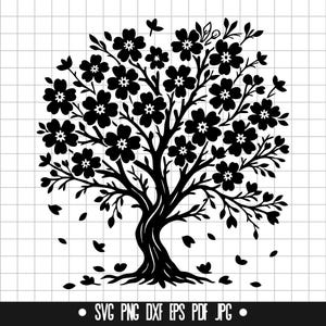 Blumenbaum SVG, Blütenbaum geschnitten, Datei, Blumenbaum PNG, Baum Silhouette DXF, Natur Clipart, Sofort Download