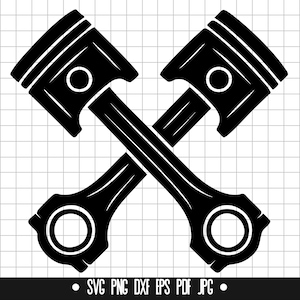 Puede incluir: Gráfico en blanco y negro de dos pistones de motor cruzados. Los pistones están detallados con formas circulares y rectangulares, sobre un fondo de cuadrícula. La parte inferior de la imagen incluye texto: SVG PNG DXF EPS PDF JPG.