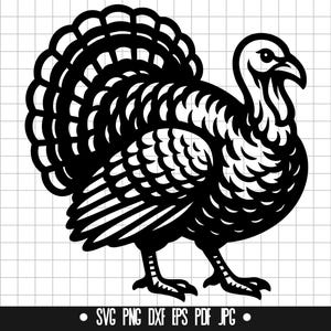 May include: A black silhouette of a turkey with its tail feathers fanned out. The turkey is facing right, with detailed cut-out features. The bottom of the image includes file type options: SVG, PNG, DXF, EPS, PDF, and JPG.