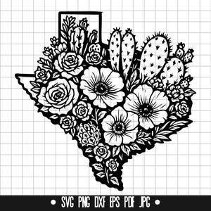 SVG floral de Texas, DXF de cactus de Texas, PNG de Texas, archivo de corte de Texas, clipart, archivo digital, archivo SVG, silueta, descarga instantánea