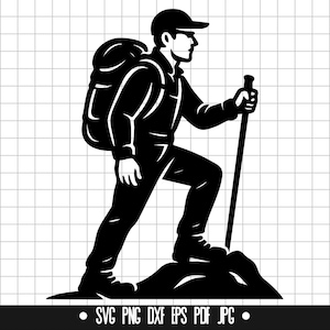 May include: A black and white silhouette of a person hiking with a backpack and a walking stick. The person is wearing a hat and is walking uphill.
