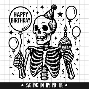 以下が含まれることがあります： パーティーハットをかぶり、「Happy Birthday」と書かれた風船と、ろうそくの火がついたカップケーキを持った骸骨の白黒イラスト。2つの風船と星もデザインに含まれています。