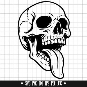May include: Black and white illustration of a skull with an open mouth and a long tongue sticking out. The skull is detailed with visible teeth and eye sockets. The bottom of the image contains the text "SVG PNG DXF EPS PDF JPG".
