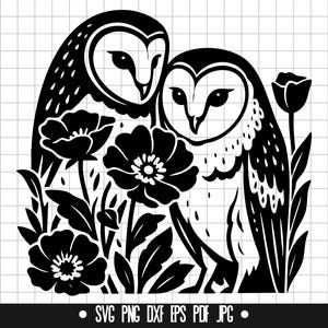Pareja de búhos SVG, Búho floral PNG, Archivo de corte de búho con flores, Clipart de animales de la naturaleza, Diseño de aves de Cricut