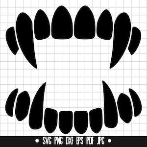 May include: Black silhouette of a set of vampire fangs. The fangs are in two rows, with the top row slightly larger than the bottom row. The fangs are sharp and pointed, and they are arranged in a symmetrical pattern.