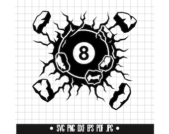 8 Ball Cracked Wall SVG, Pool Ball DXF, Billiard Ball PNG, Pool Ball Cut File, Clipart, Digital File, Svg File, Silhouette, Instant Download