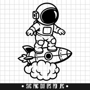 May include: A black and white illustration of an astronaut riding a rocket through a cloud. The astronaut is wearing a space suit with a helmet and is holding onto the rocket with both hands.