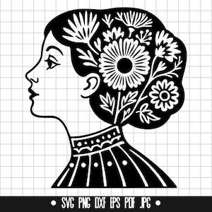 Bloemen vrouw SVG, dame met bloemen in haar PNG, vrouwelijk boho profiel DXF, op de natuur geïnspireerd gesneden bestand, Cricut clipart kunst