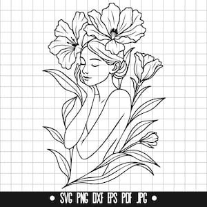 Menina abstrata floral SVG, silhueta de mulher PNG, arquivo de corte de arte floral, download digital, clipart de arte de linha feminina