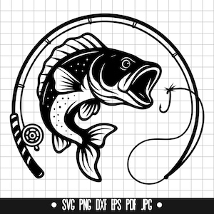 Könnte beinhalten: Schwarz-Weiß-Illustration eines Fisches mit offenem Maul, Haken und Angelrute. Der Fisch befindet sich in der Mitte, umgeben von der Angelrute. Der Text "SVG PNG DXF EPS PDF JPG" ist enthalten.